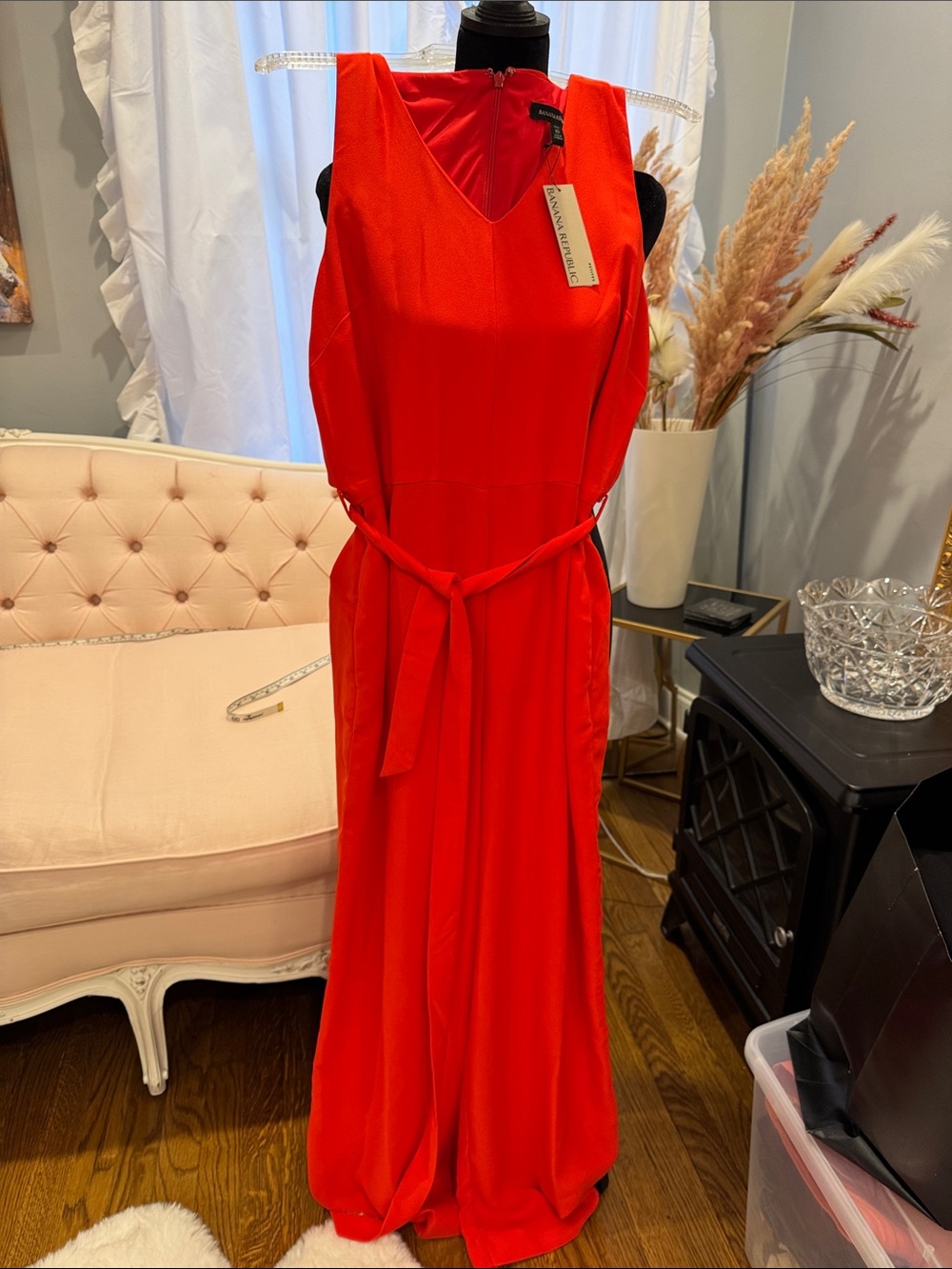 Banana Republic Bright Red Sleeveless Jumpsuit with Waist Tie